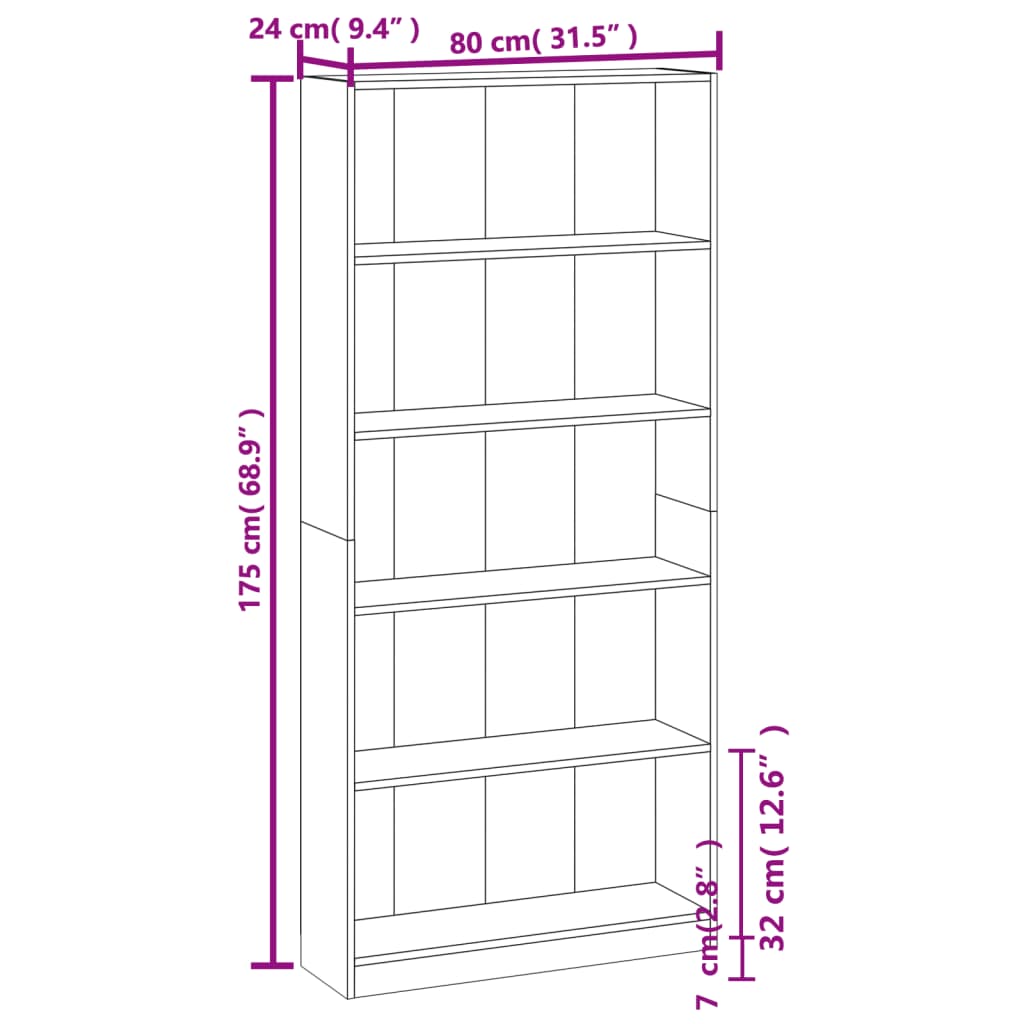 Bücherregal 5 Fächer Braun Eichen-Optik 80x24x175 Holzwerkstoff