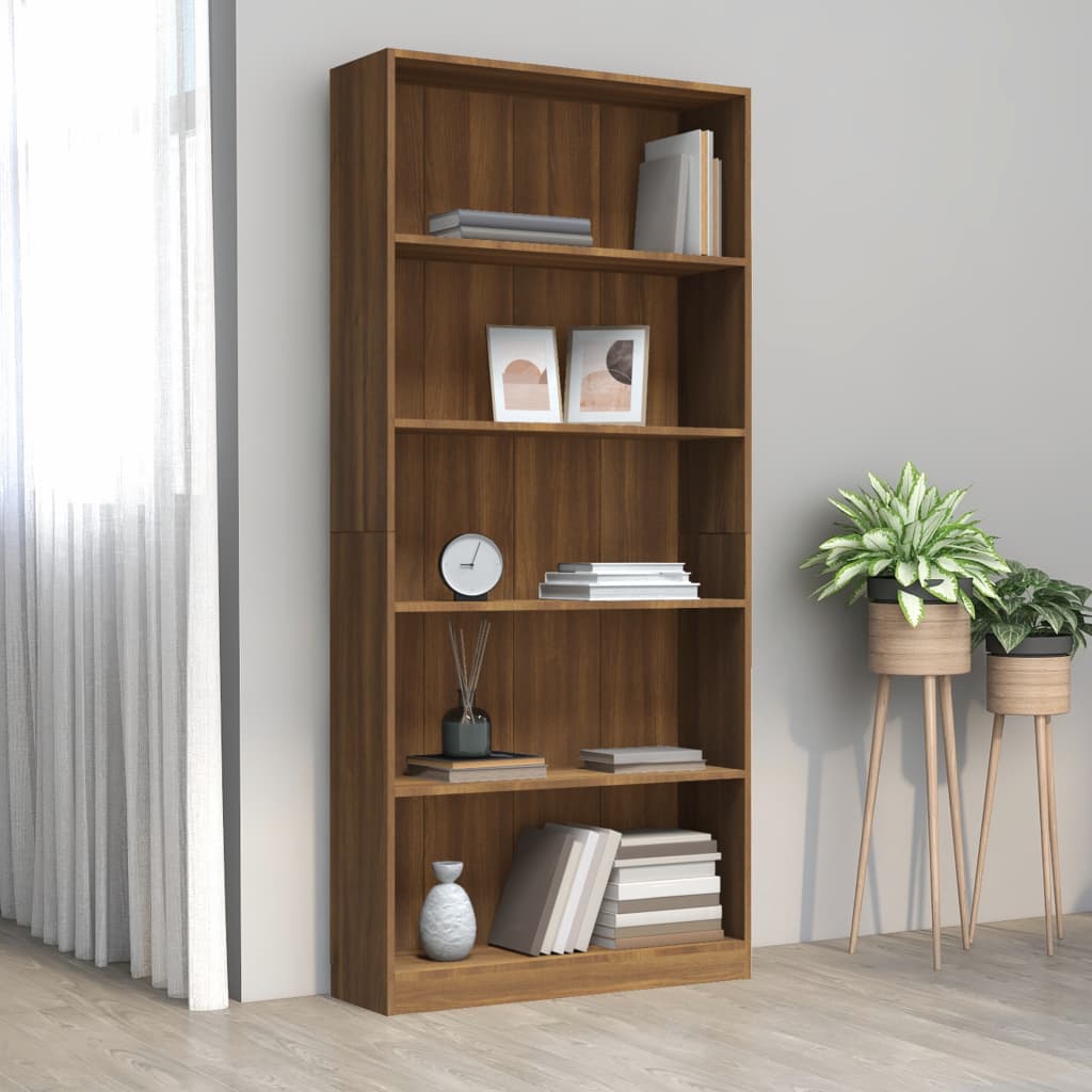 Bücherregal 5 Fächer Braun Eichen-Optik 80x24x175 Holzwerkstoff