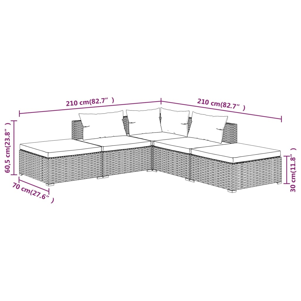 5-tlg. Garten-Lounge-Set mit Kissen Poly Rattan Grau