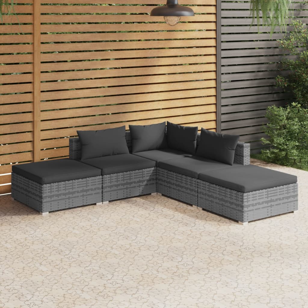 5-tlg. Garten-Lounge-Set mit Kissen Poly Rattan Grau