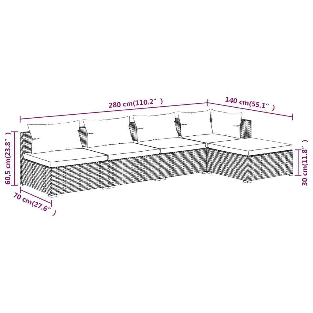 5-tlg. Garten-Lounge-Set mit Kissen Poly Rattan Grau