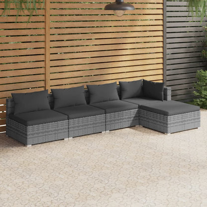 5-tlg. Garten-Lounge-Set mit Kissen Poly Rattan Grau