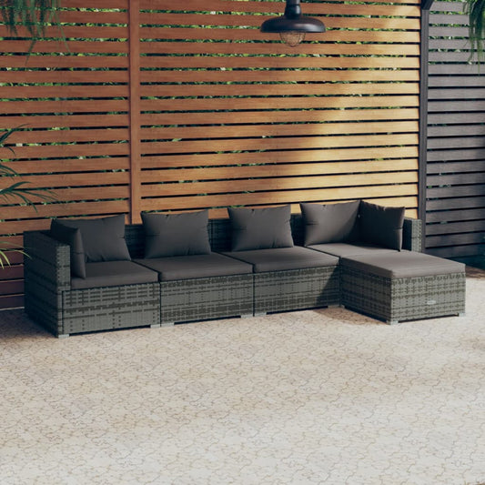 5-piece garden lounge set with cushions poly rattan grey