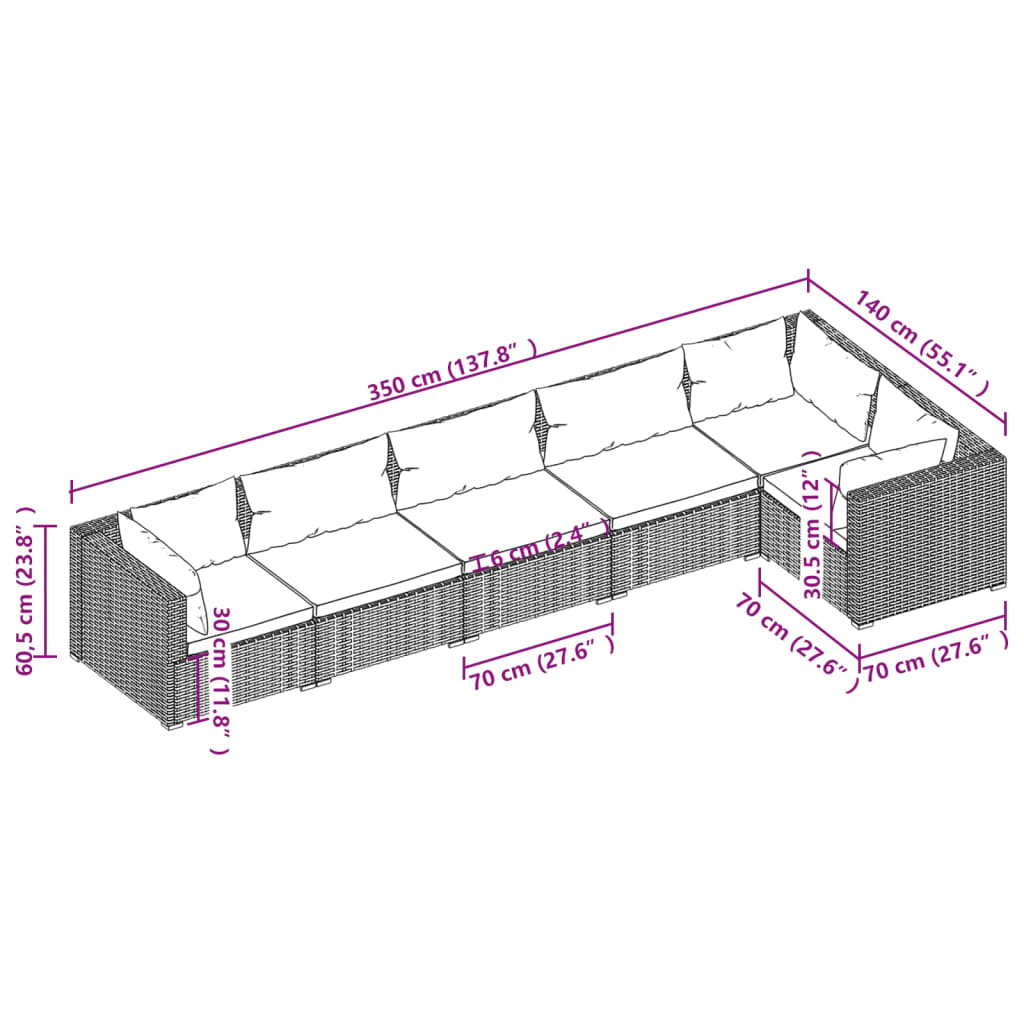 6-tlg. Garten-Lounge-Set mit Auflagen Poly Rattan Braun