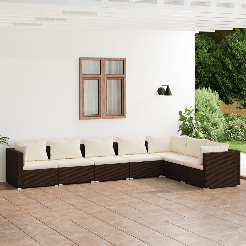 7-tlg. Garten-Lounge-Set mit Kissen Poly Rattan Braun