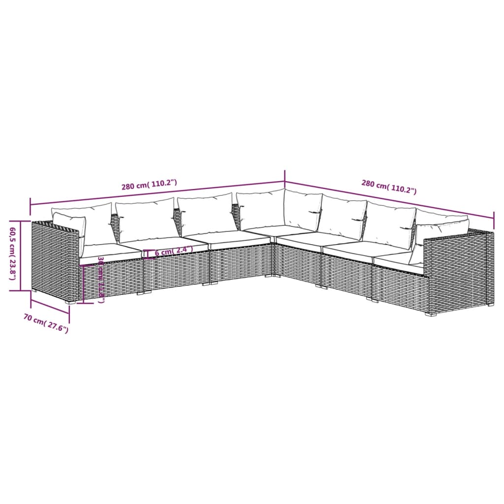 7-tlg. Garten-Lounge-Set mit Kissen Poly Rattan Braun