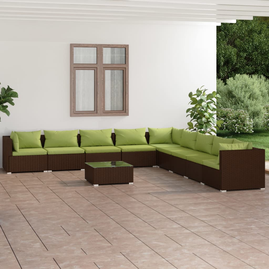 10-tlg. Garten-Lounge-Set mit Kissen Poly Rattan Braun