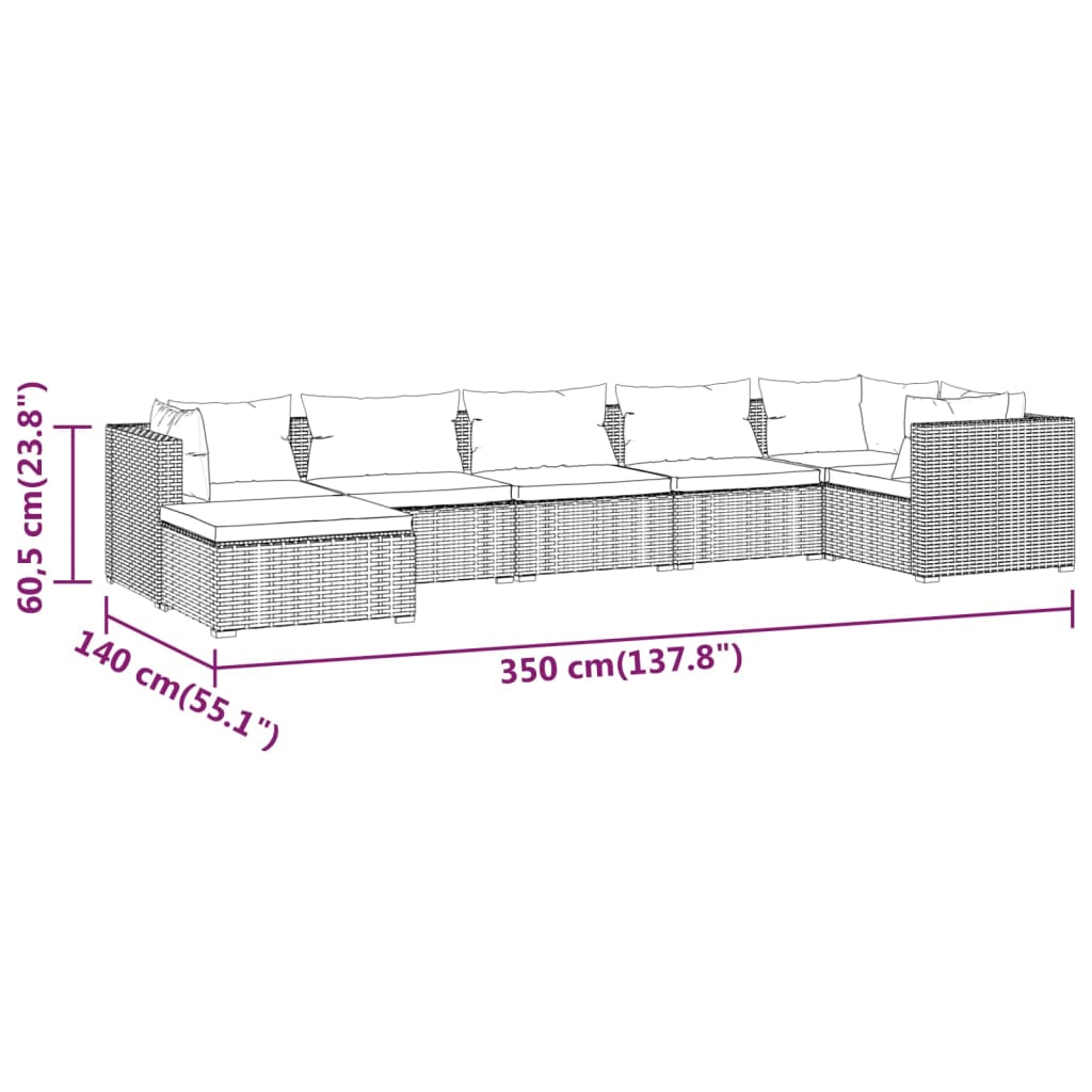 7-tlg. Garten-Lounge-Set mit Kissen Poly Rattan Grau