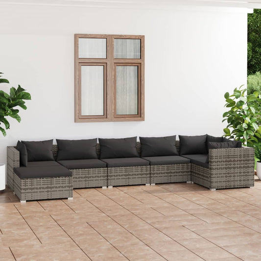 7-tlg. Garten-Lounge-Set mit Kissen Poly Rattan Grau