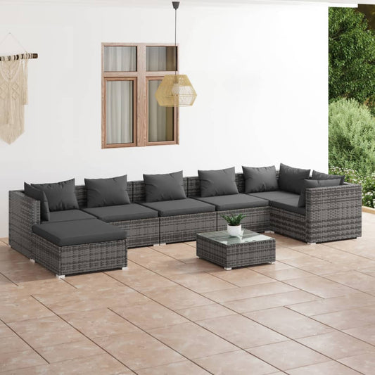 8-tlg. Garten-Lounge-Set mit Kissen Poly Rattan Grau