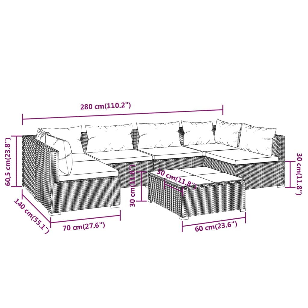 7-tlg. Garten-Lounge-Set mit Kissen Poly Rattan Braun