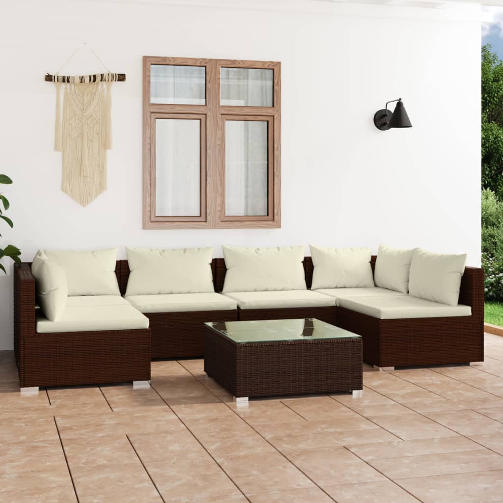 7-tlg. Garten-Lounge-Set mit Kissen Poly Rattan Braun