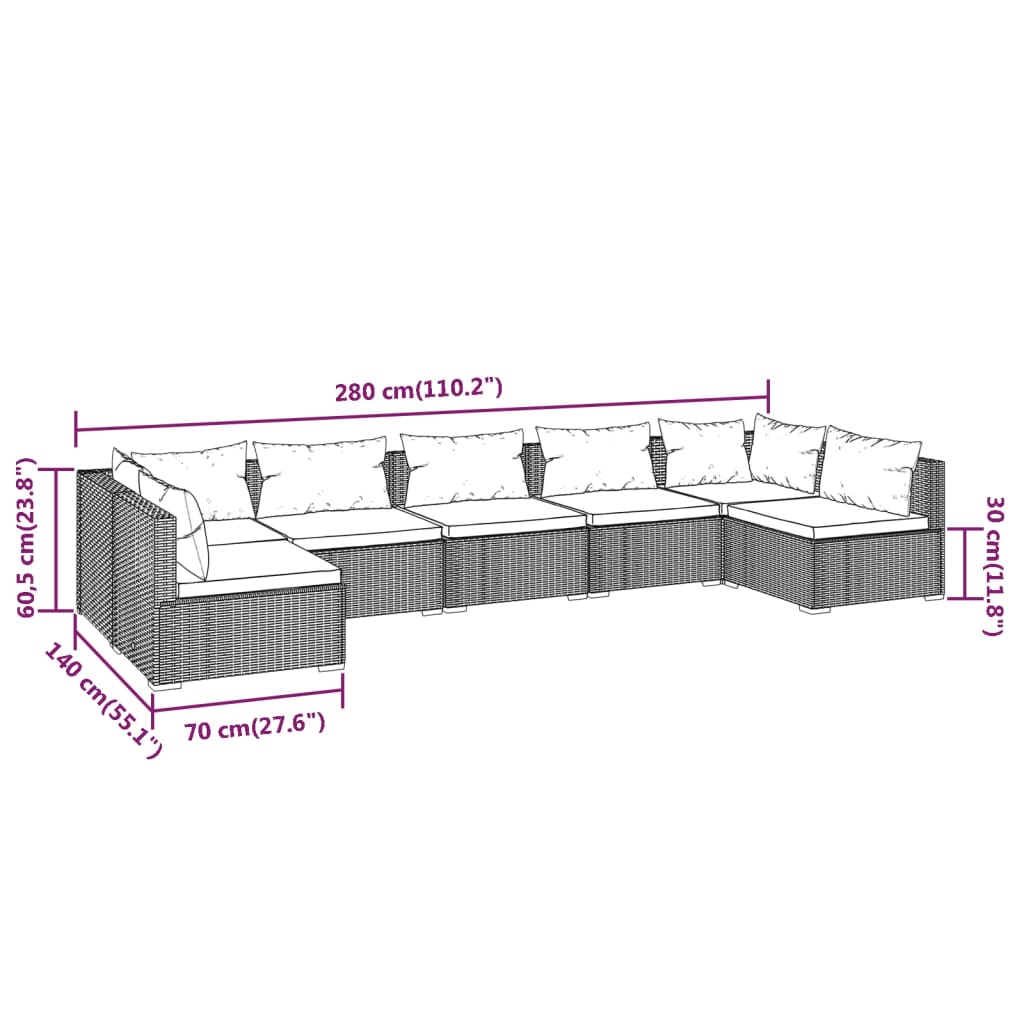 7-tlg. Garten-Lounge-Set mit Kissen Poly Rattan Braun