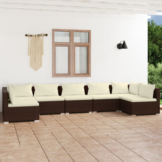 7-tlg. Garten-Lounge-Set mit Kissen Poly Rattan Braun