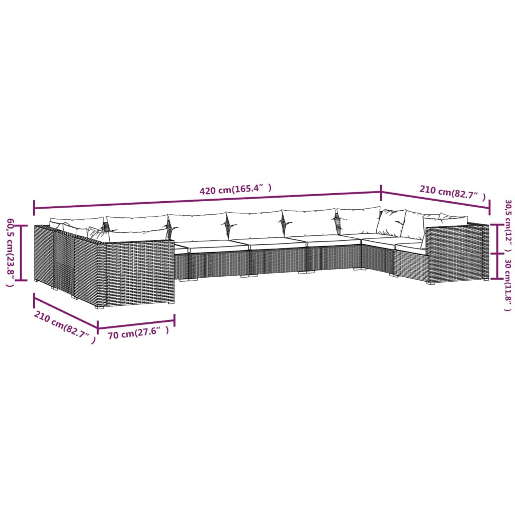 10-tlg. Garten-Lounge-Set mit Kissen Poly Rattan Braun