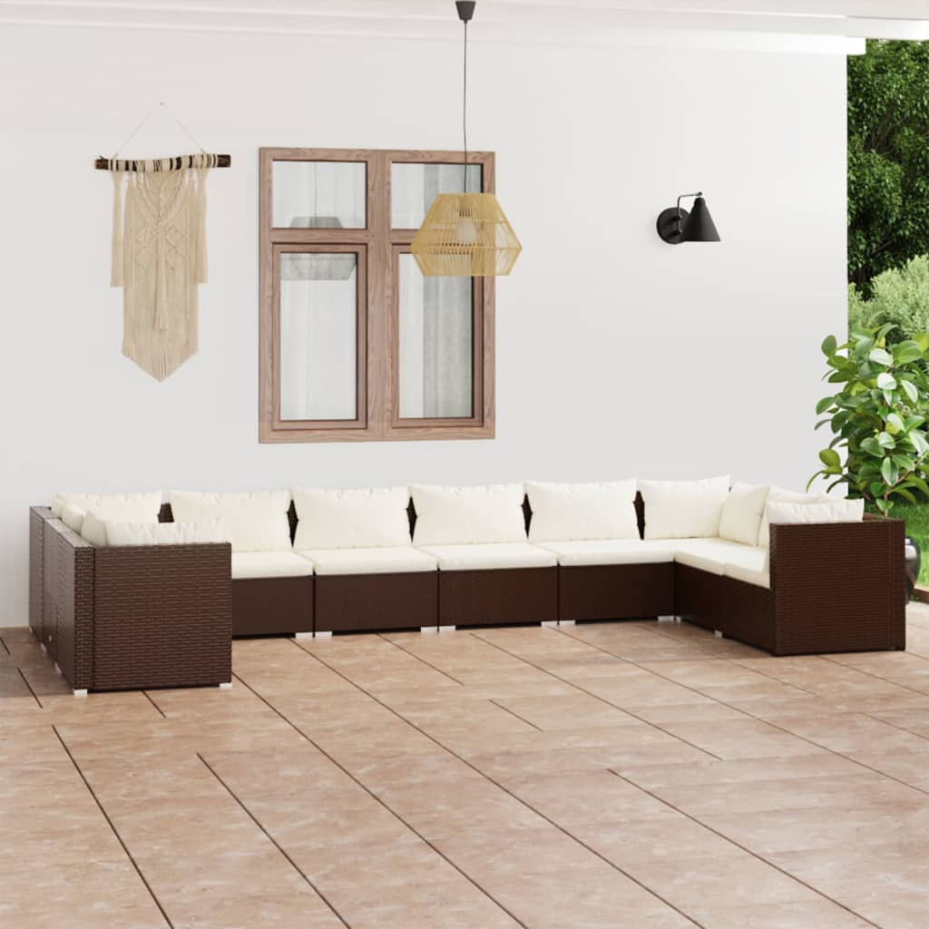 10-tlg. Garten-Lounge-Set mit Kissen Poly Rattan Braun