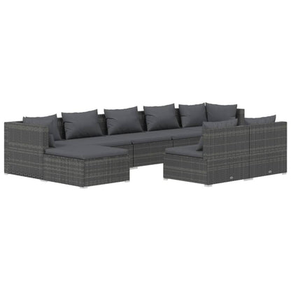 9-tlg. Garten-Lounge-Set mit Kissen Grau Poly Rattan