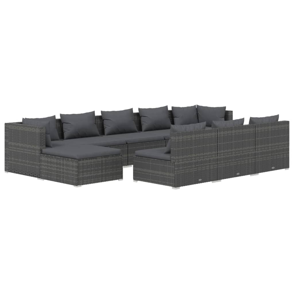 10-tlg. Garten-Lounge-Set mit Kissen Grau Poly Rattan