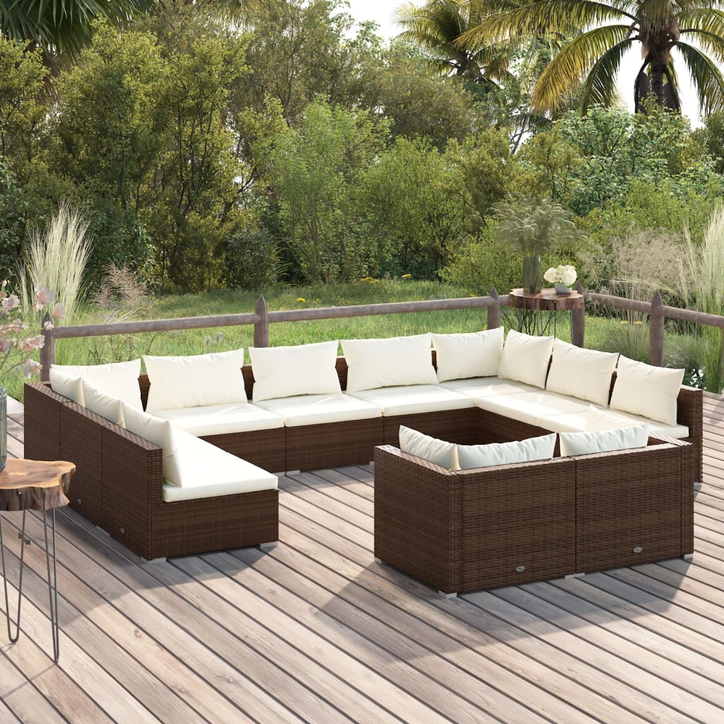 11-tlg. Garten-Lounge-Set mit Kissen Braun Poly Rattan