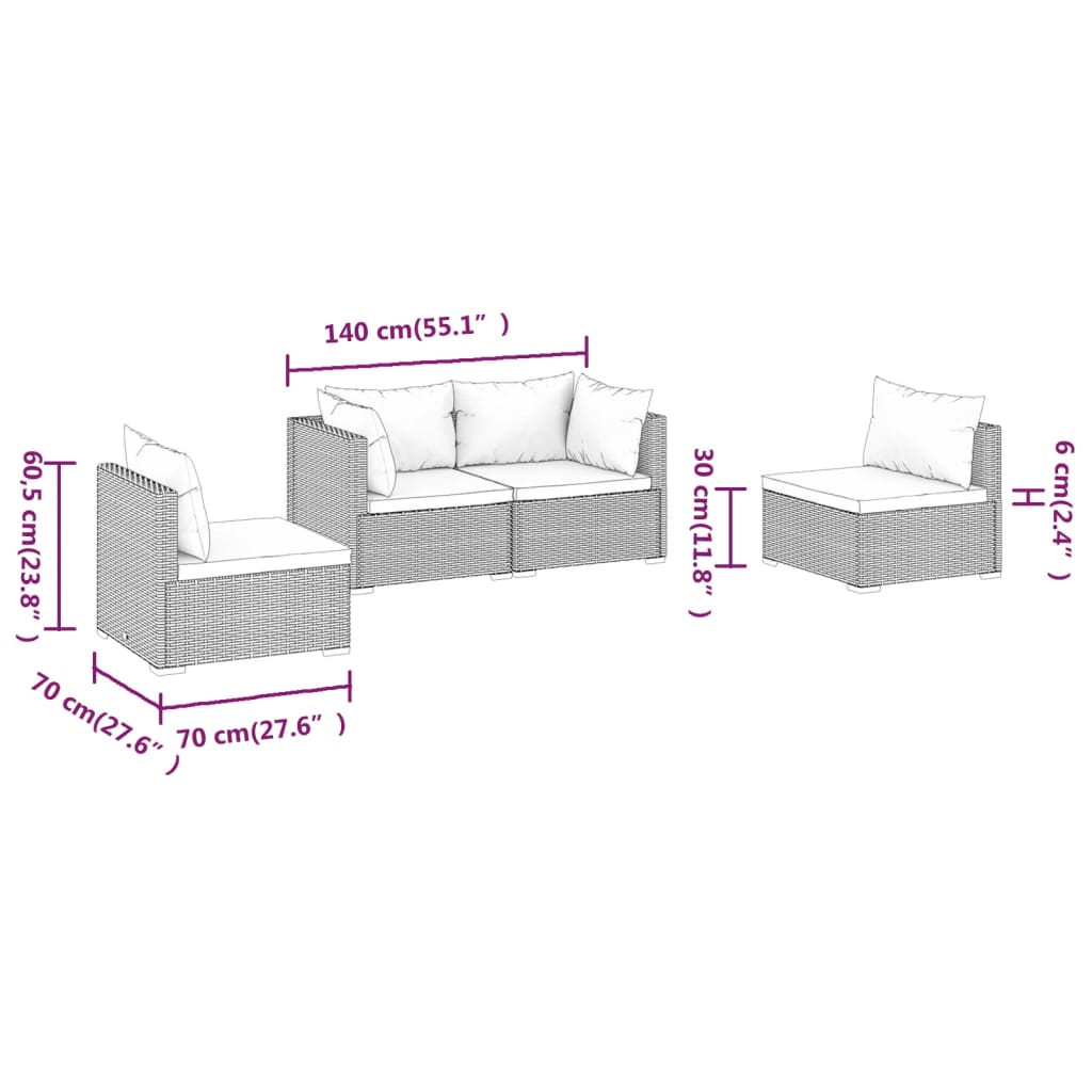 4-piece garden lounge set with cushions poly rattan grey