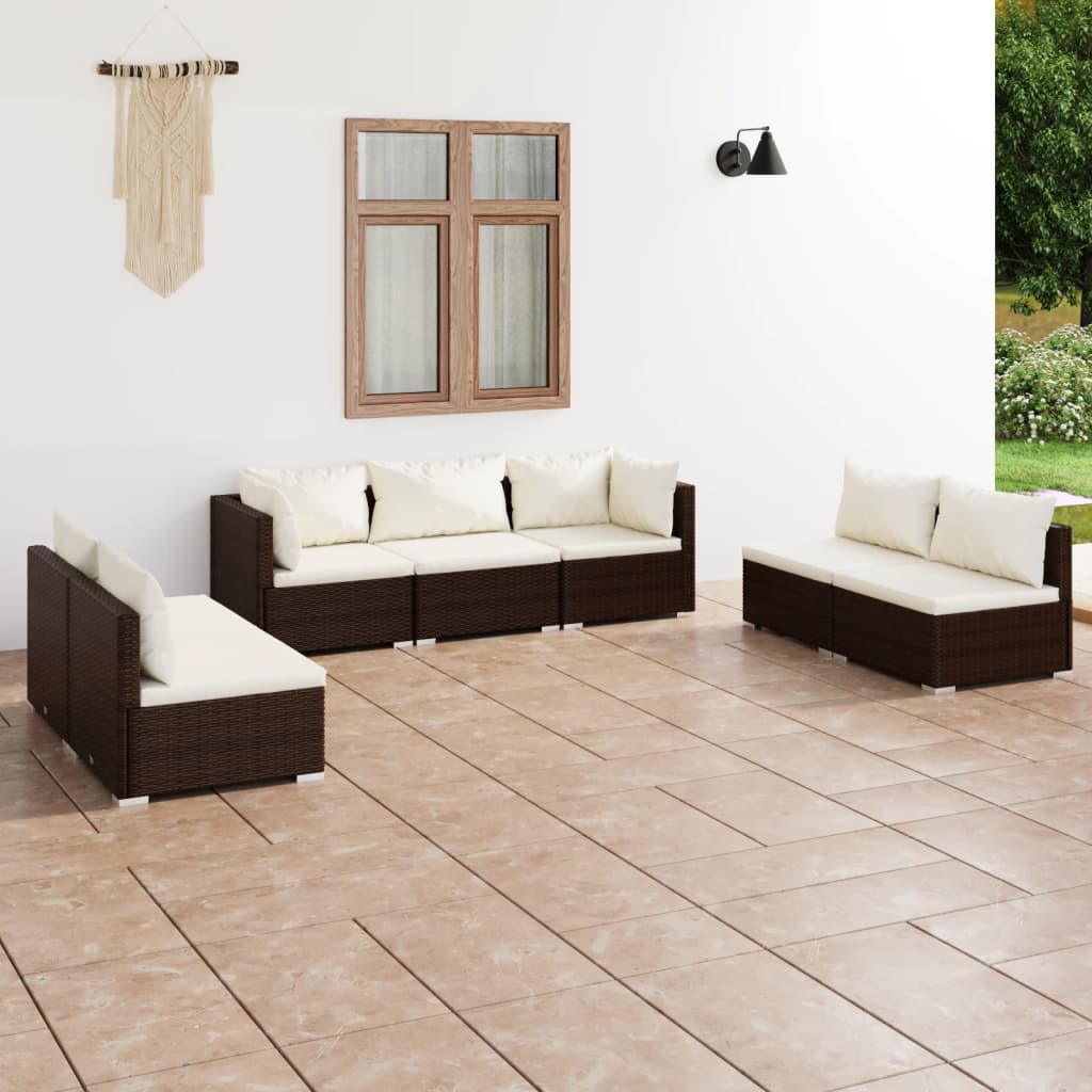 7-tlg. Garten-Lounge-Set mit Kissen Poly Rattan Braun