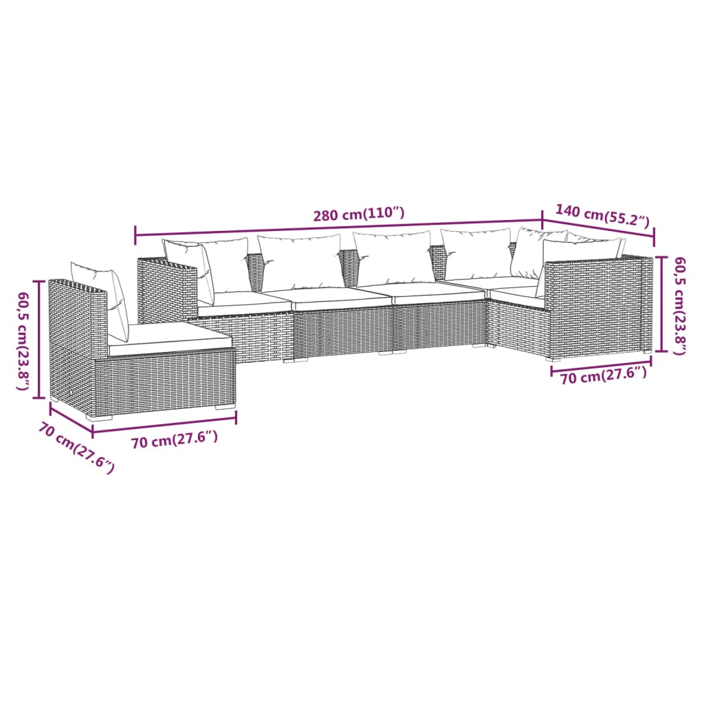 6-tlg. Garten-Lounge-Set mit Auflagen Poly Rattan Braun