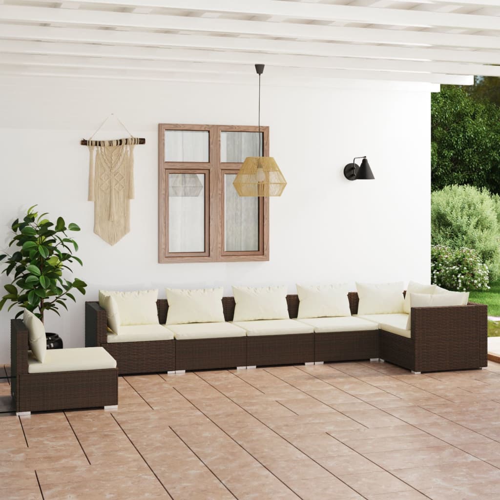 7-tlg. Garten-Lounge-Set mit Kissen Poly Rattan Braun