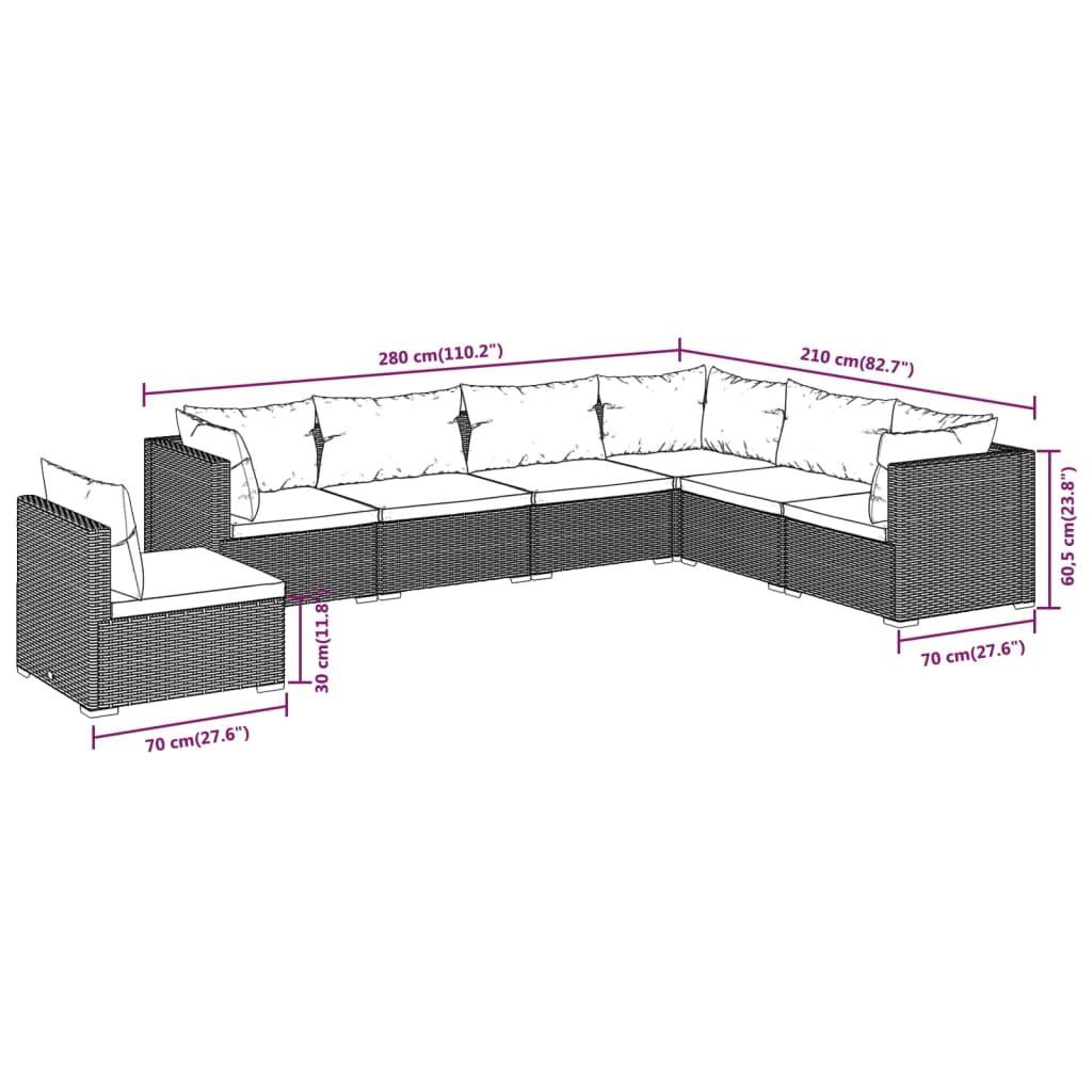 7-tlg. Garten-Lounge-Set mit Kissen Poly Rattan Braun