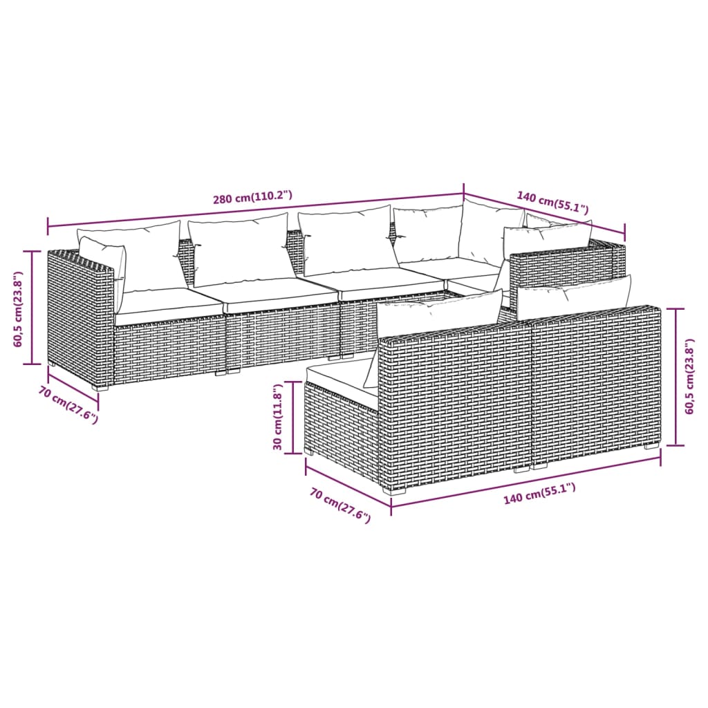 7-tlg. Garten-Lounge-Set mit Kissen Braun Poly Rattan