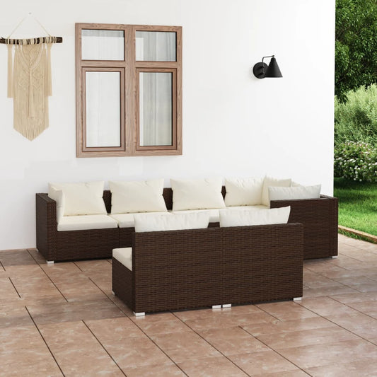 7-tlg. Garten-Lounge-Set mit Kissen Braun Poly Rattan