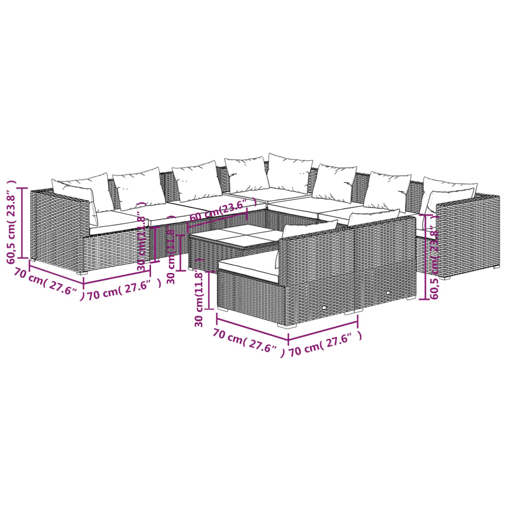 10-tlg. Garten-Lounge-Set mit Kissen Braun Poly Rattan