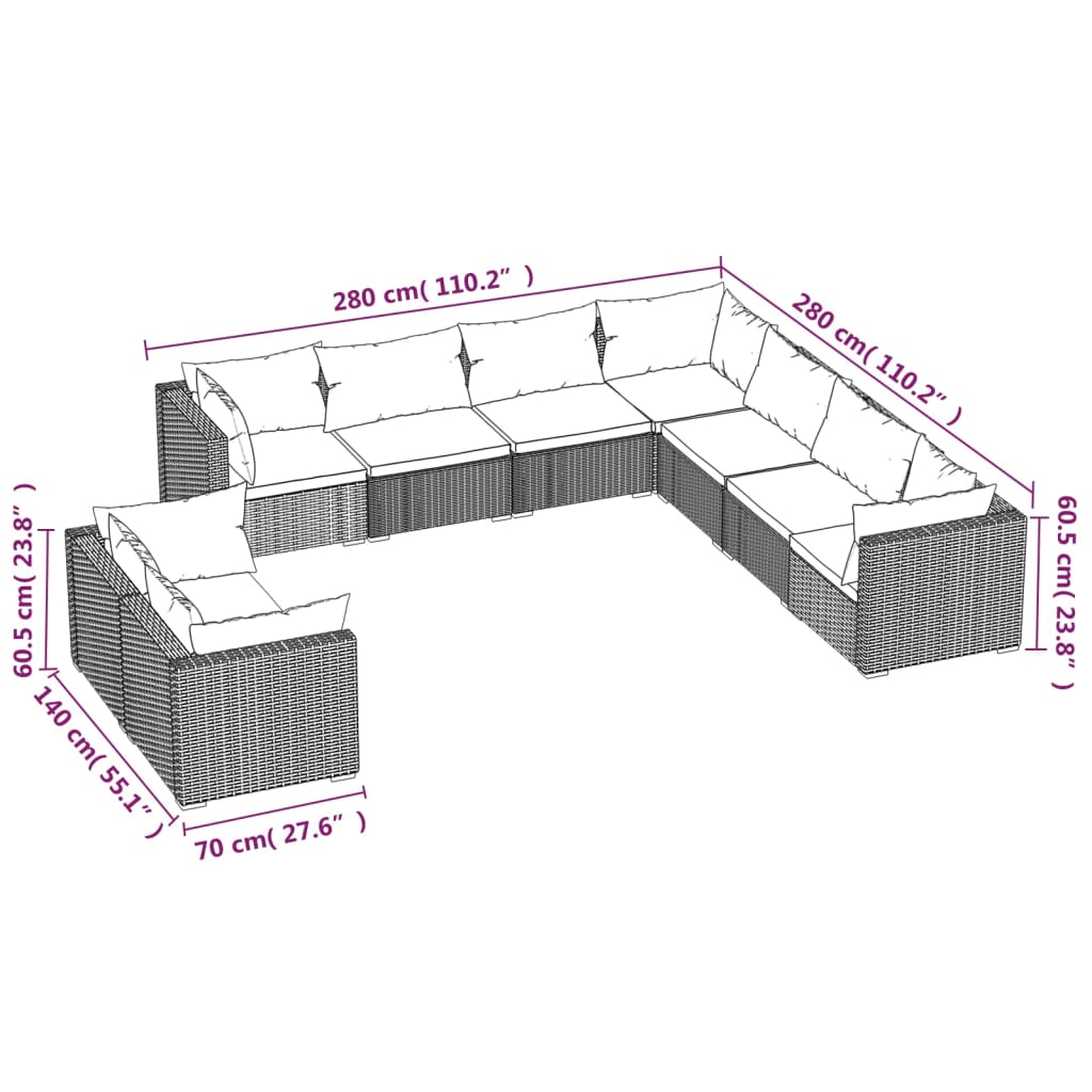 9-tlg. Garten-Lounge-Set mit Kissen Braun Poly Rattan