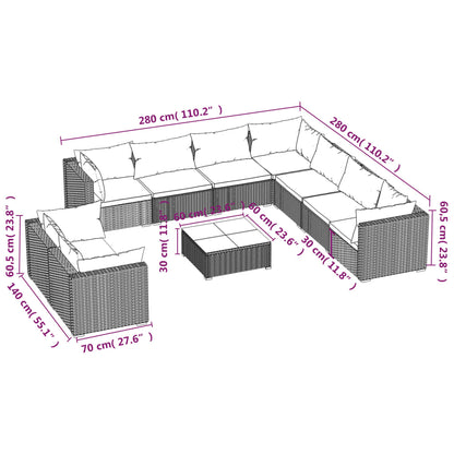 10-tlg. Garten-Lounge-Set mit Kissen Braun Poly Rattan