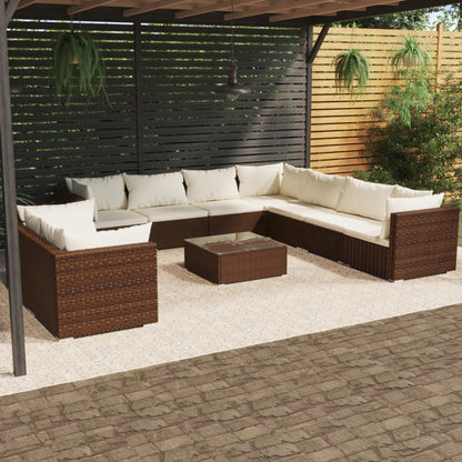 10-tlg. Garten-Lounge-Set mit Kissen Braun Poly Rattan