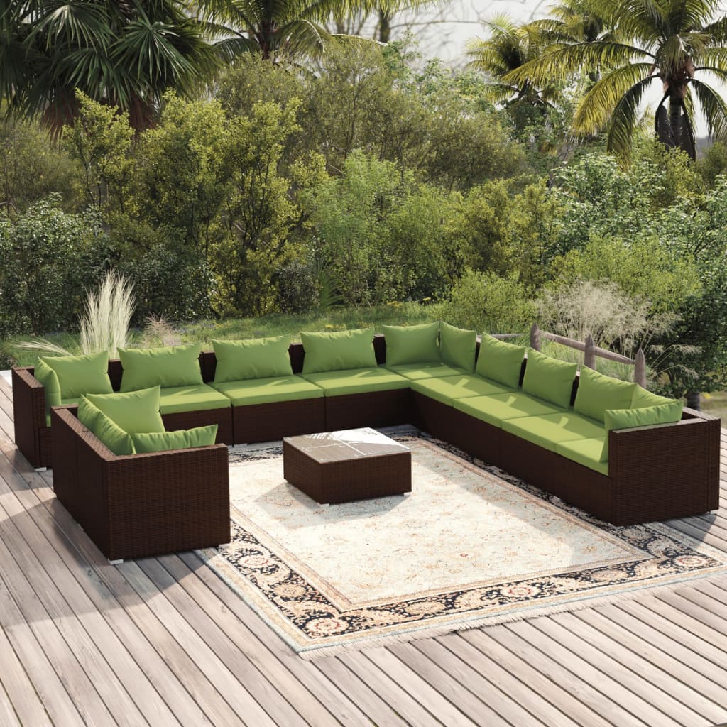 12-tlg. Garten-Lounge-Set mit Kissen Braun Poly Rattan