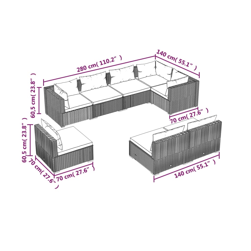 8-tlg. Garten-Lounge-Set mit Kissen Poly Rattan Braun