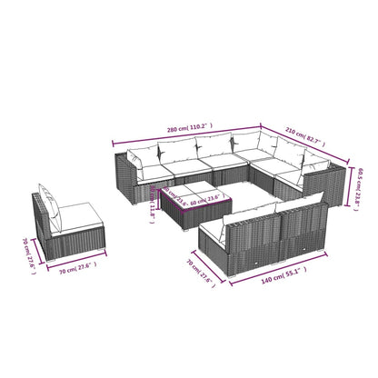 10-tlg. Garten-Lounge-Set mit Kissen Poly Rattan Braun