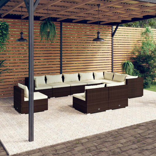 10-tlg. Garten-Lounge-Set mit Kissen Poly Rattan Braun