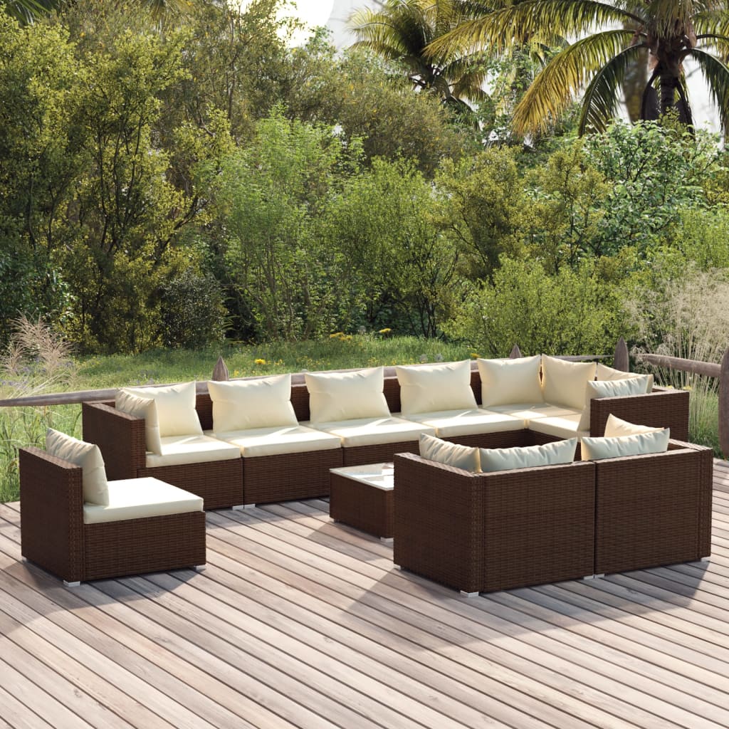 10-tlg. Garten-Lounge-Set mit Kissen Poly Rattan Braun