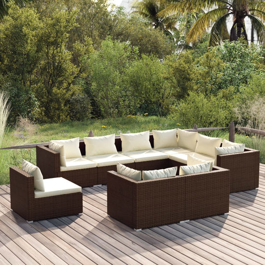 9-tlg. Garten-Lounge-Set mit Kissen Poly Rattan Braun