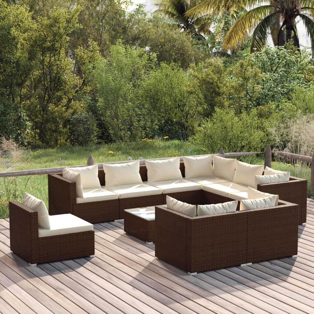 10-tlg. Garten-Lounge-Set mit Kissen Poly Rattan Braun