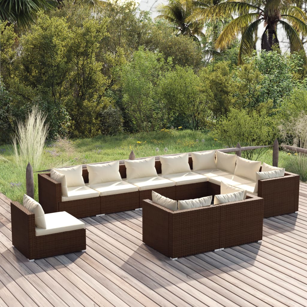 10-tlg. Garten-Lounge-Set mit Kissen Poly Rattan Braun