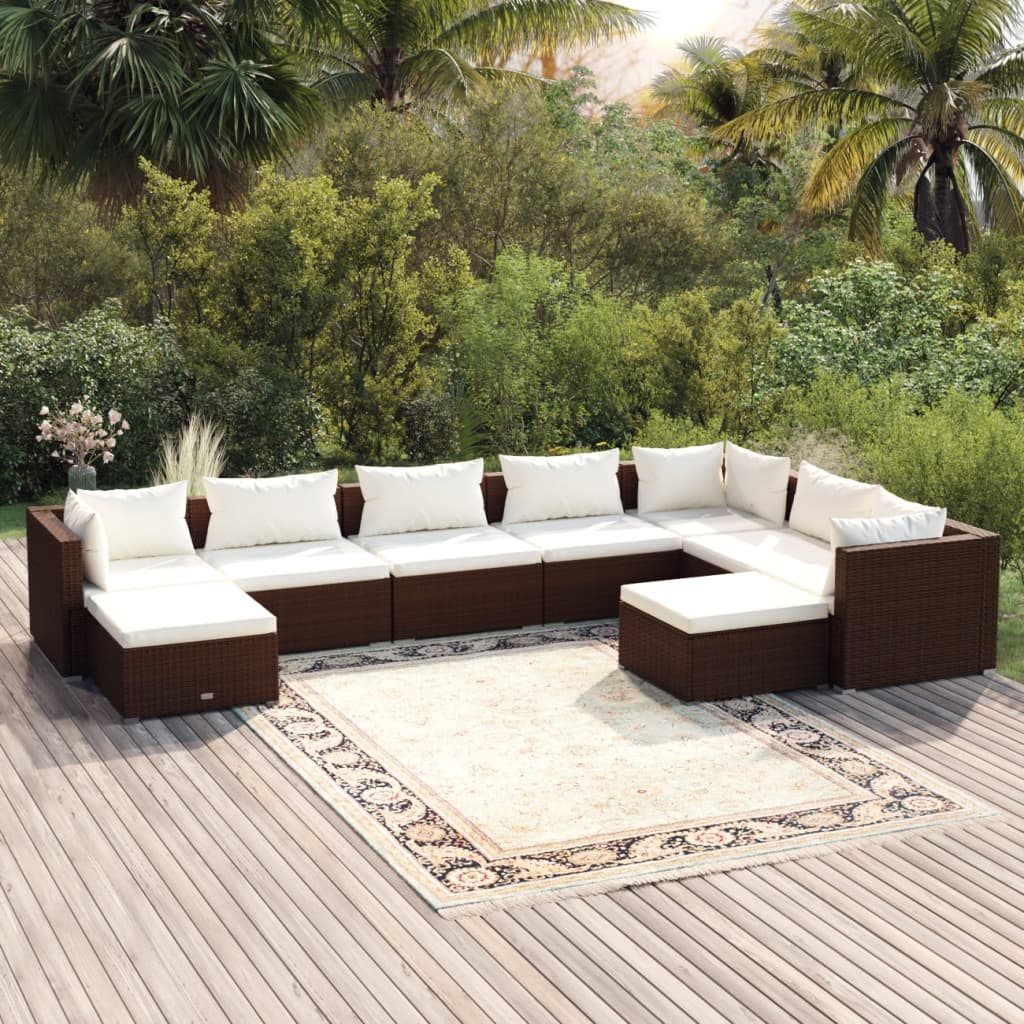 9-tlg. Garten-Lounge-Set mit Kissen Poly Rattan Braun