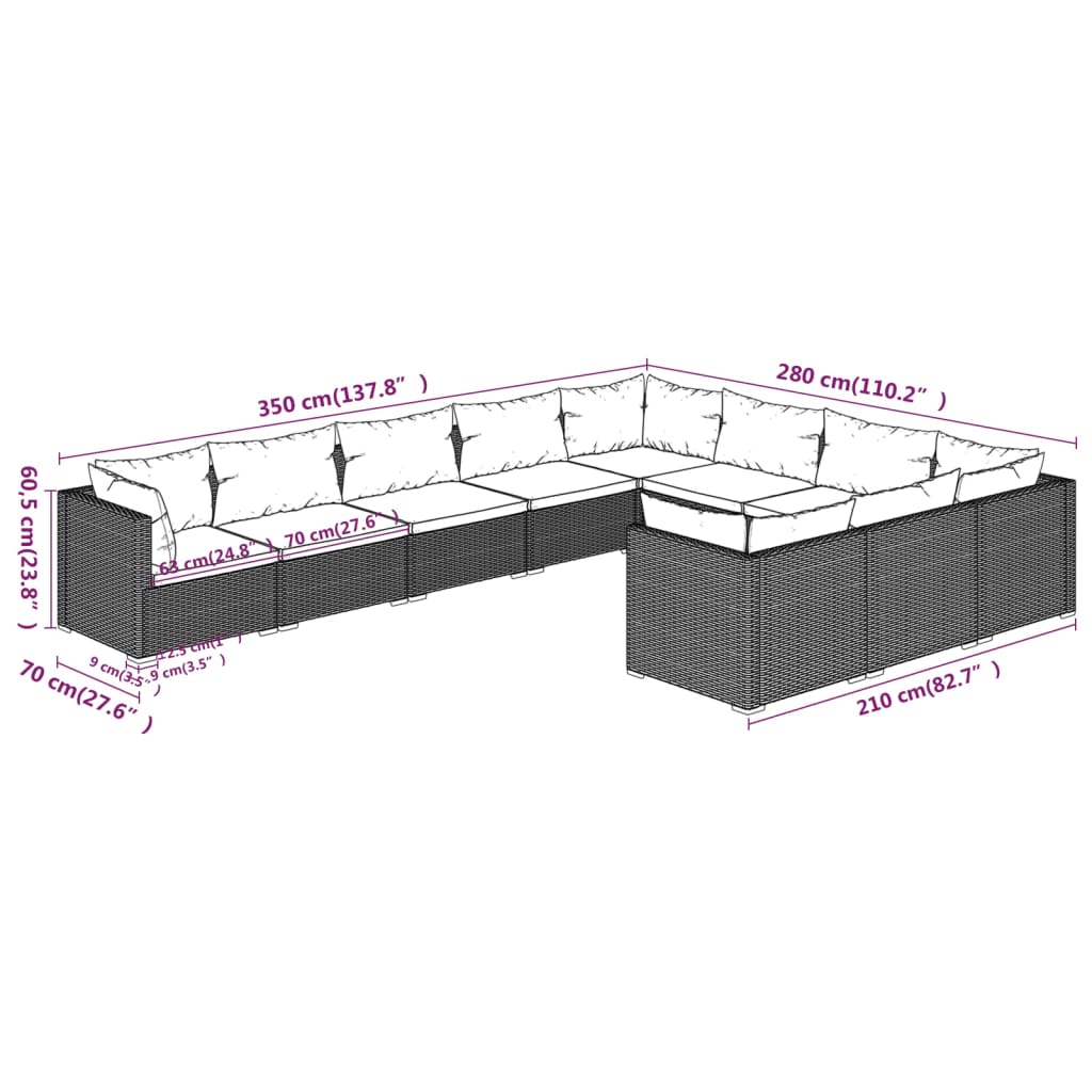 10-tlg. Garten-Lounge-Set mit Kissen Poly Rattan Braun