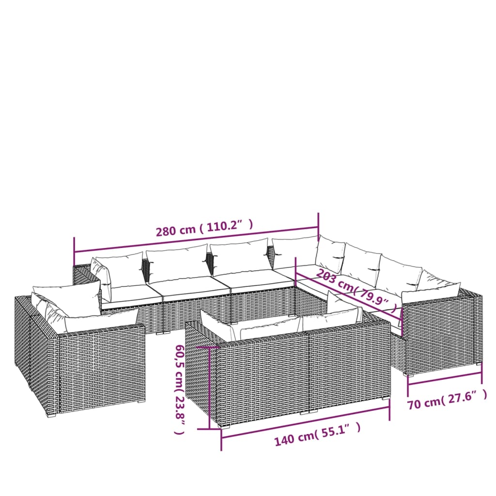 11-tlg. Garten-Lounge-Set mit Kissen Braun Poly Rattan