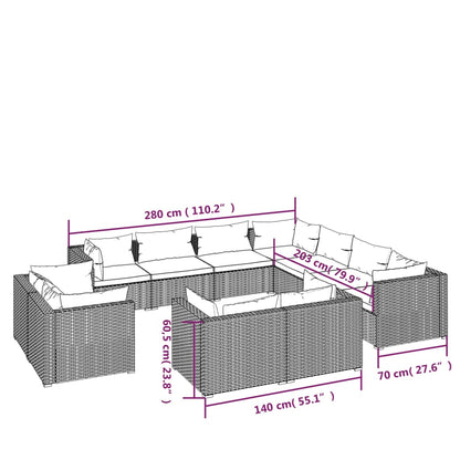 11-tlg. Garten-Lounge-Set mit Kissen Braun Poly Rattan