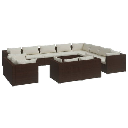 12-tlg. Garten-Lounge-Set mit Kissen Braun Poly Rattan