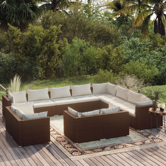 12-tlg. Garten-Lounge-Set mit Kissen Braun Poly Rattan