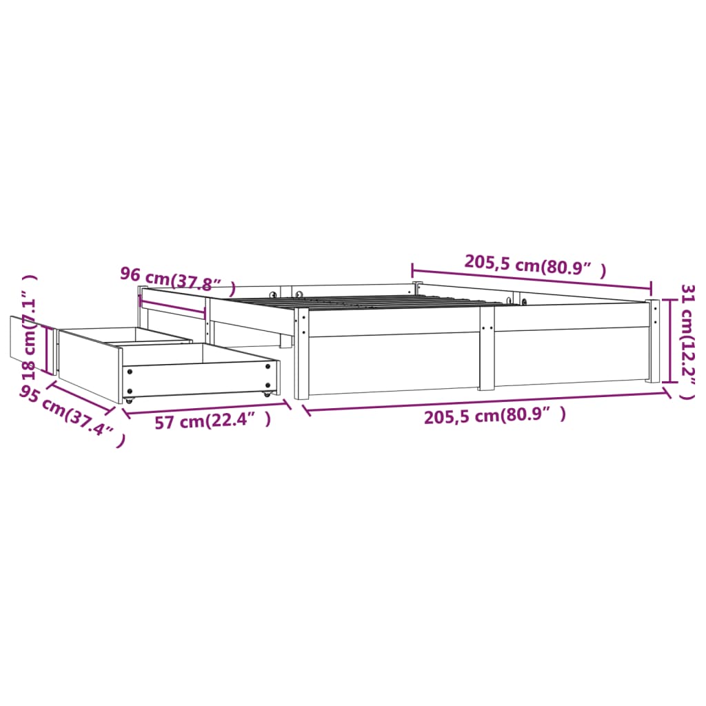 Bed with drawers white 200x200 cm