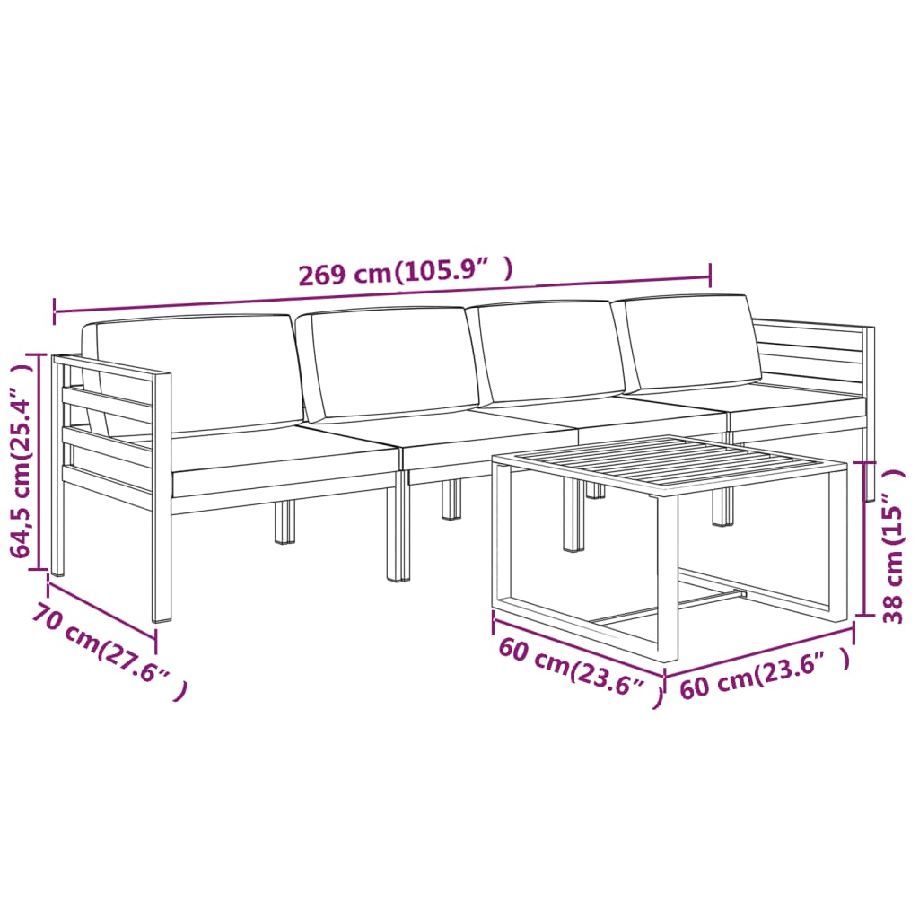 5-tlg. Garten-Lounge-Set mit Kissen Aluminium Anthrazit